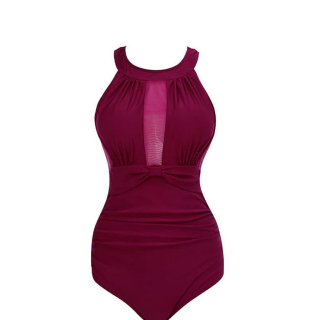 Lovii Lovii Women's Halter Neck One Piece Swimsuit Mesh Panel Backless Swimwear in Red