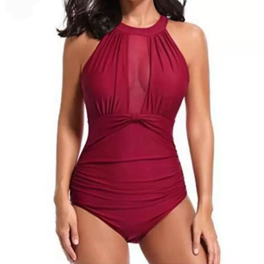 Lovii Lovii Women's Halter Neck One Piece Swimsuit Mesh Panel Backless Swimwear in Red - 2