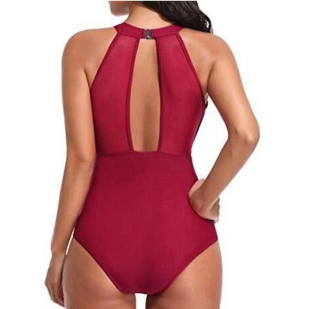 Lovii Lovii Women's Halter Neck One Piece Swimsuit Mesh Panel Backless Swimwear in Red - 3
