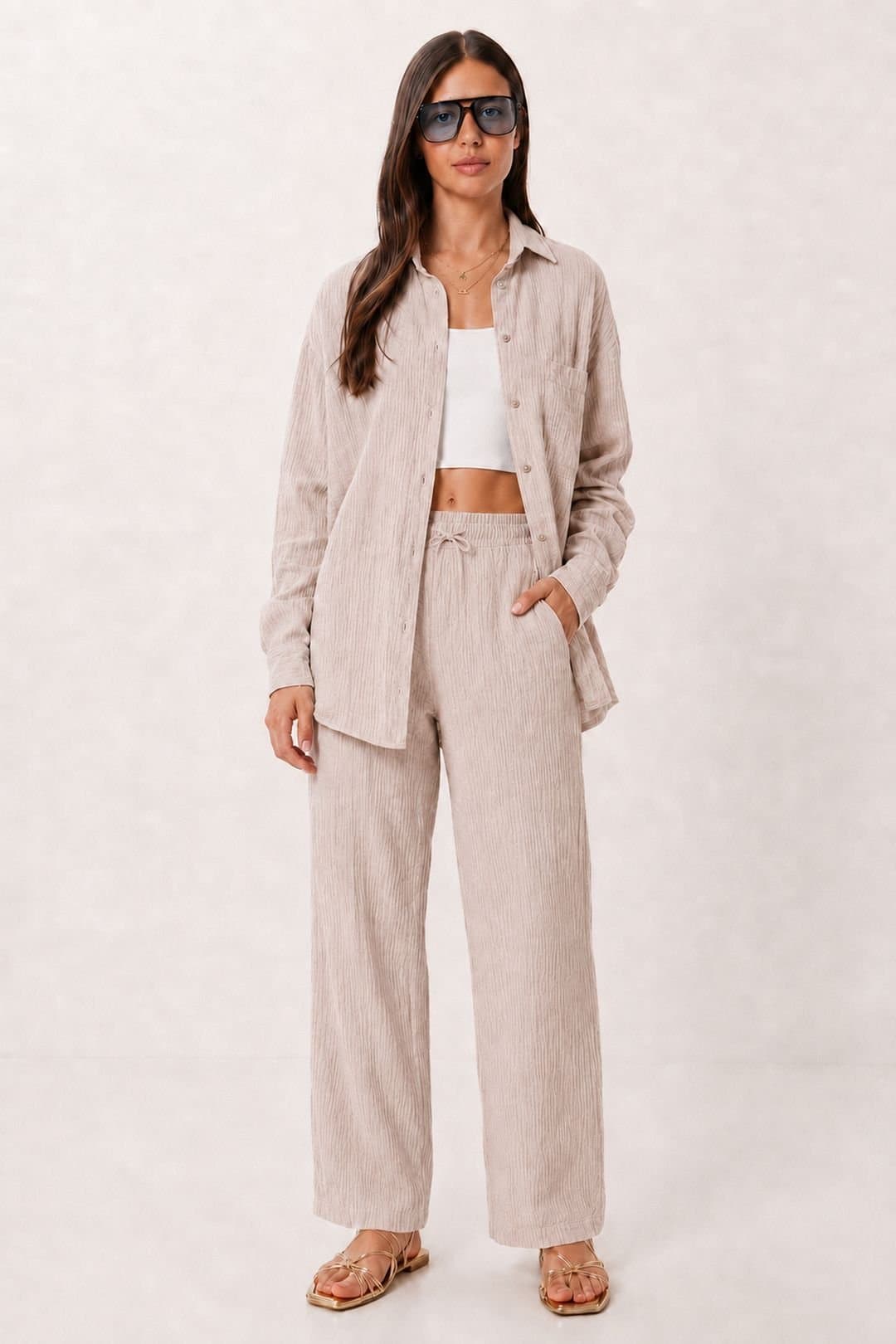 Happiness Istanbul Happiness Istanbul Women's High Waist Wide Leg Two-Piece Co-ord Set with Shirt Collar in Natural