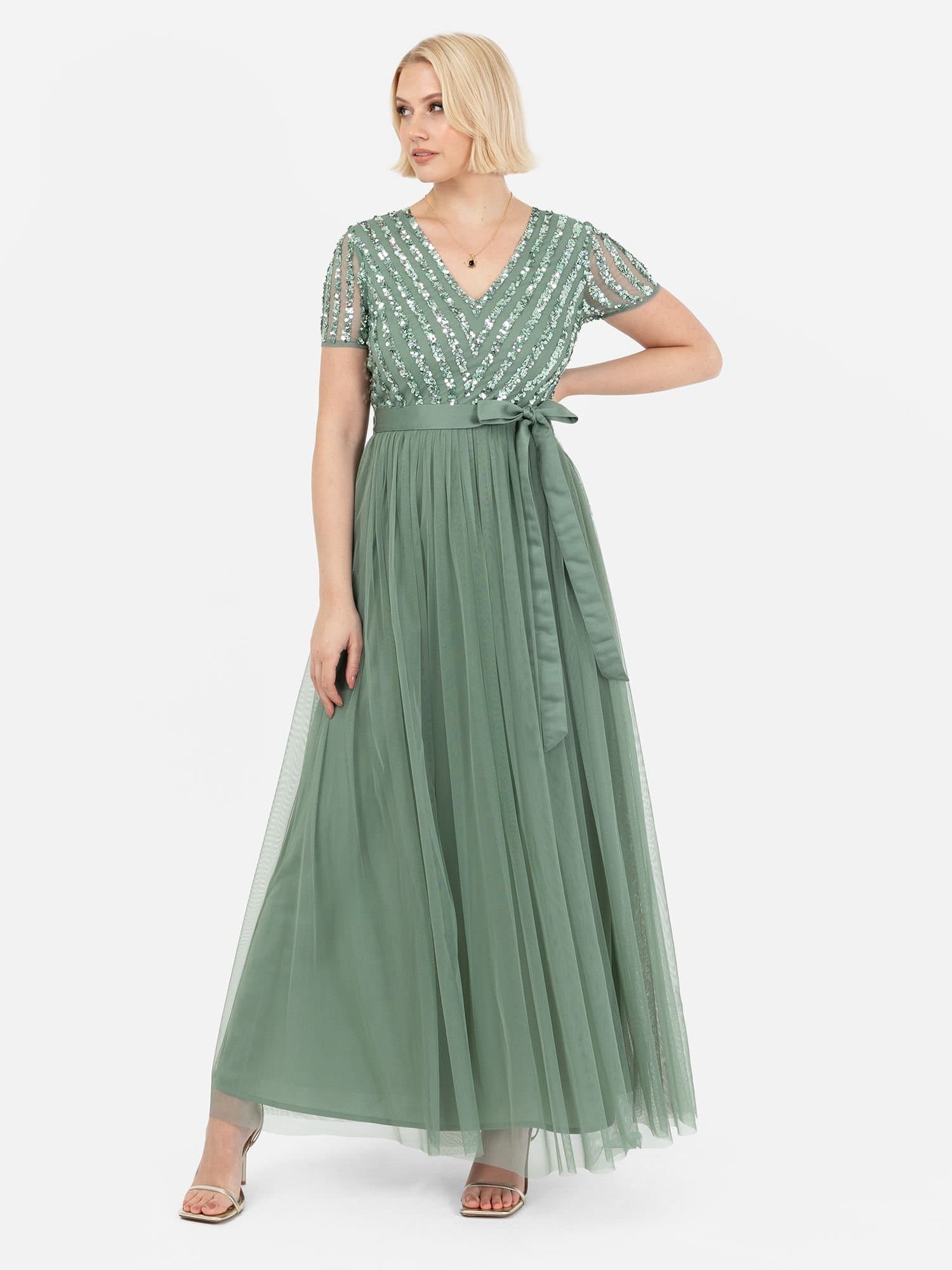 Maya Deluxe Maya Deluxe Women's Belted Stripe Embellished Maxi Dress in Dark Green