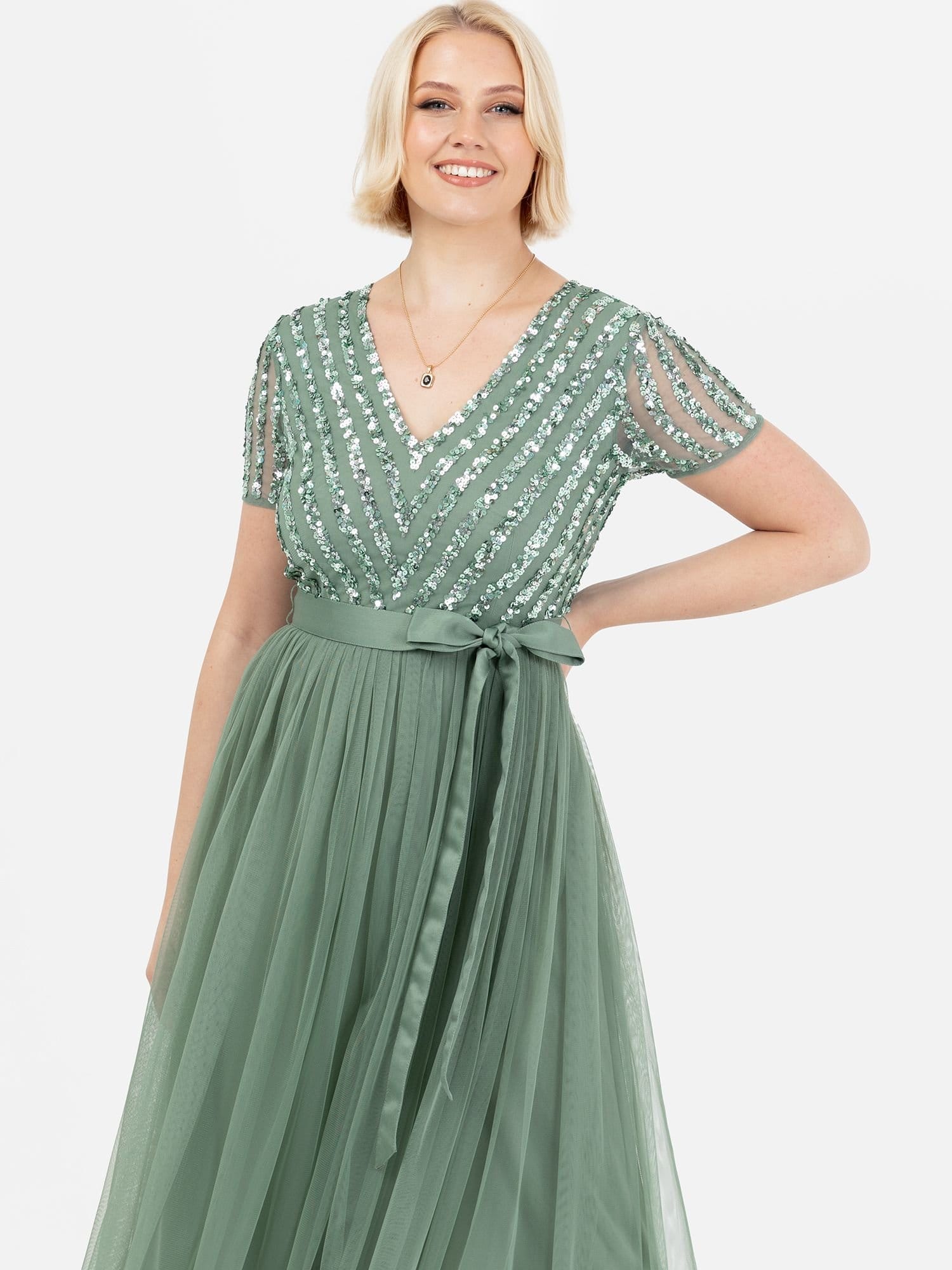 Maya Deluxe Maya Deluxe Women's Belted Stripe Embellished Maxi Dress in Dark Green - 4