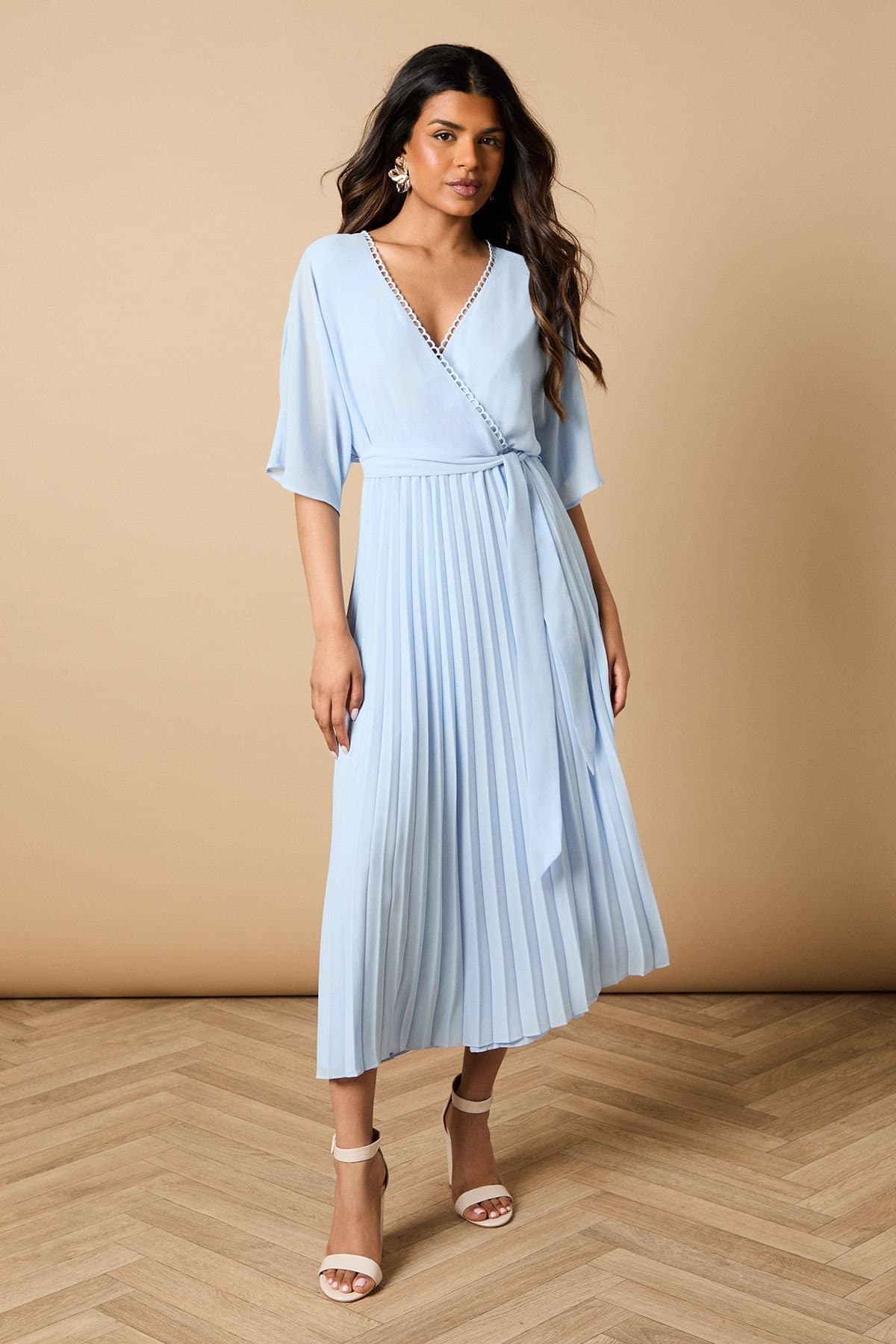 Oasis Oasis Women's Petite Occasion Kimono Sleeve Pleated Midi Dress in Cornflower Blue