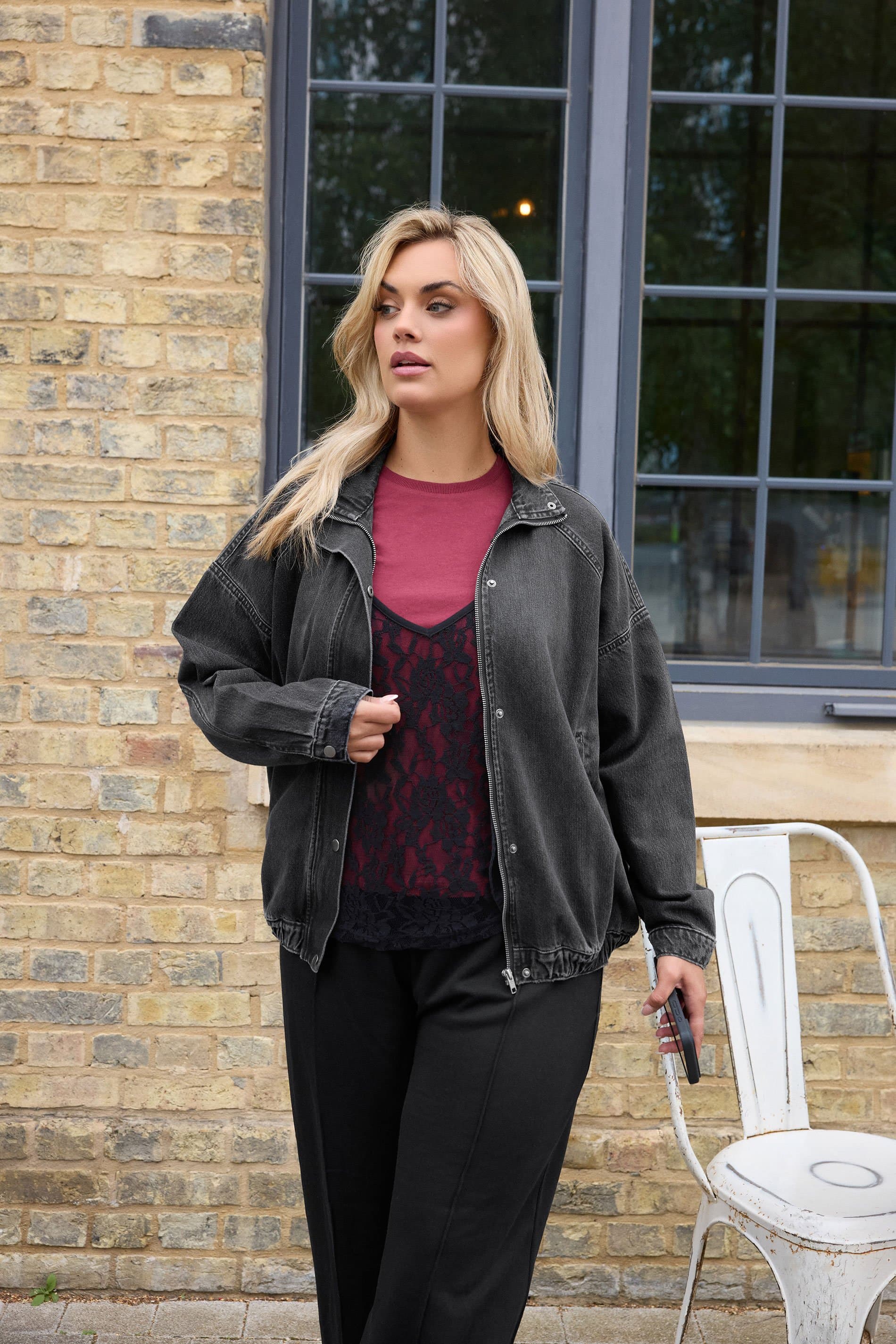 Yours Plus Size Black Denim Funnel Neck Bomber Jacket