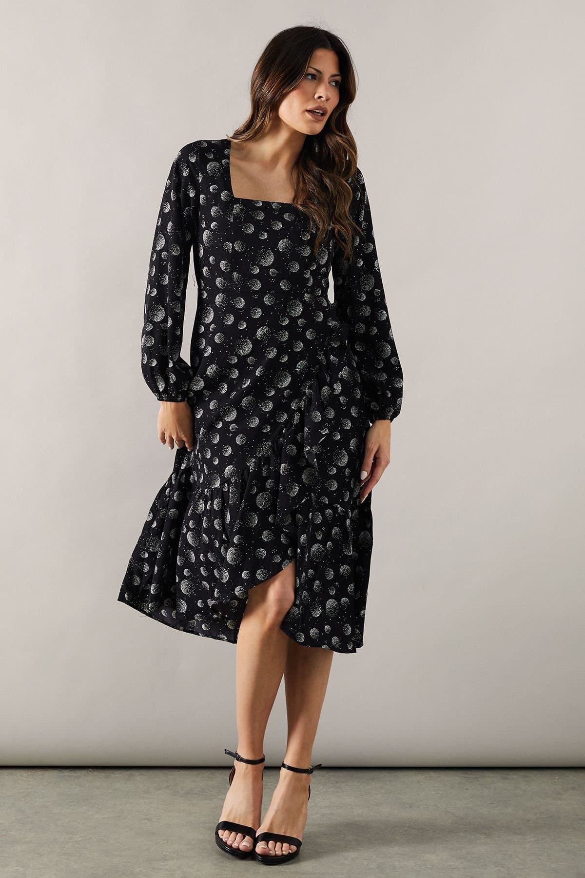 Wallis Wallis Women's Printed Long Sleeve Ruffle Detail Midi Dress in Black
