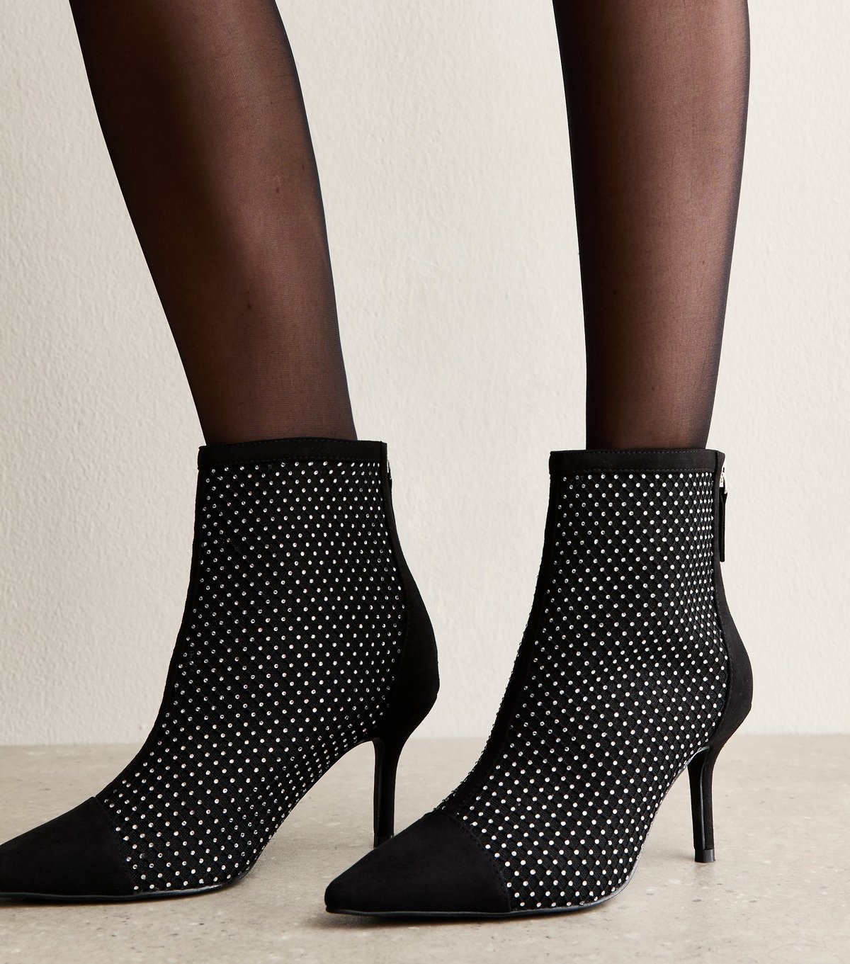 New Look Women's Wide Fit Black Faux Suede Mesh Diamante Embellished Heeled Ankle Boots Vegan New Look - 2