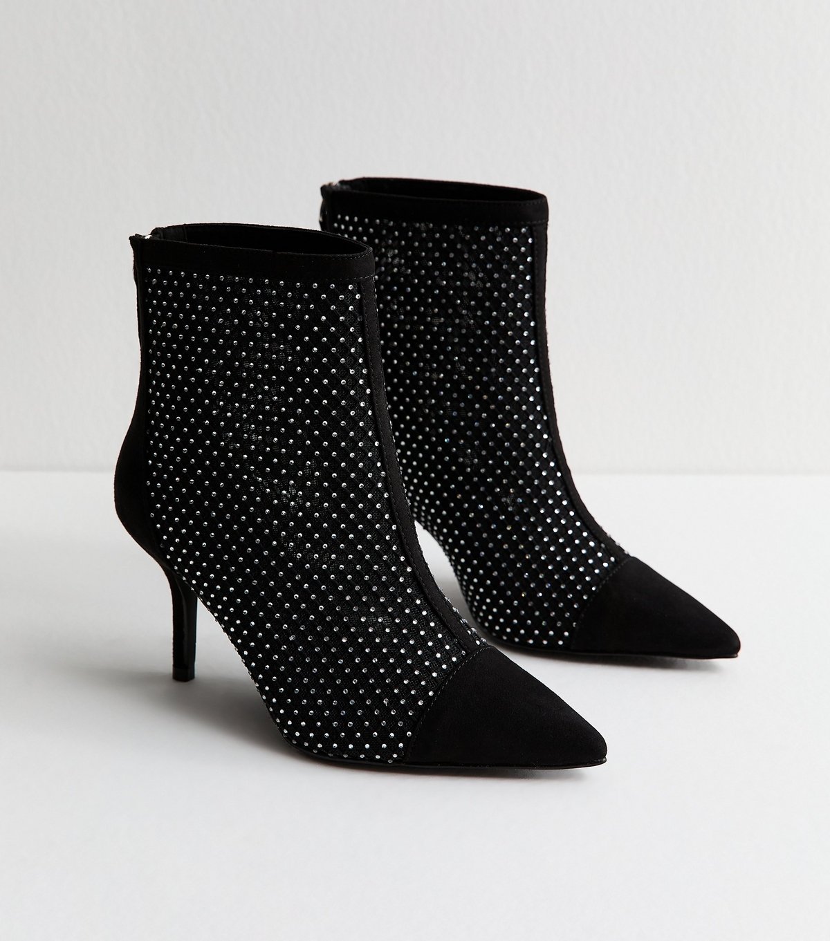New Look Women's Wide Fit Black Faux Suede Mesh Diamante Embellished Heeled Ankle Boots Vegan New Look - 3