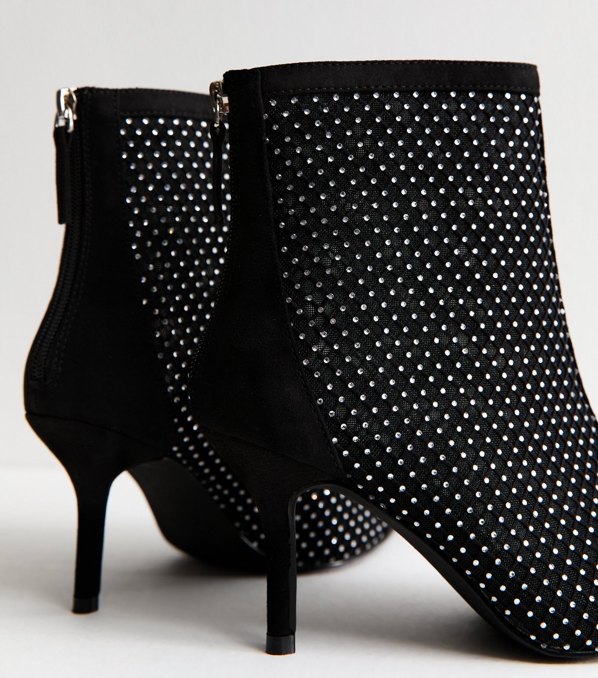 New Look Women's Wide Fit Black Faux Suede Mesh Diamante Embellished Heeled Ankle Boots Vegan New Look - 4