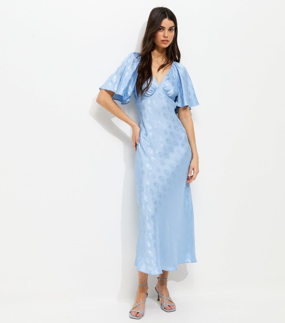 New Look Women's Light Blue Paisley Pattern Jacquard Flutter Sleeve Midi Dress New Look