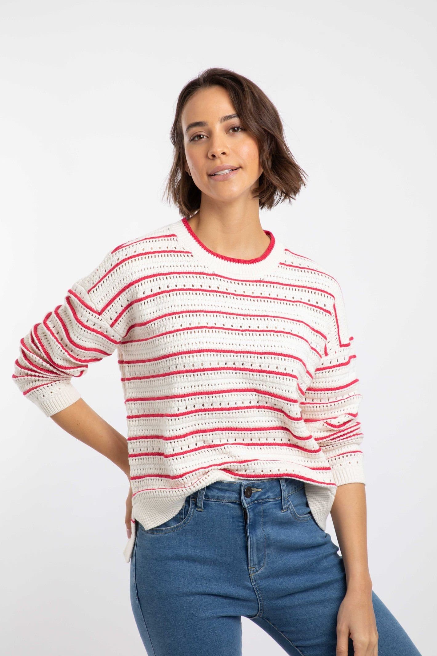 Weird Fish Weird Fish Women's Liah Pointelle Striped Crew Neck Jumper in Cream