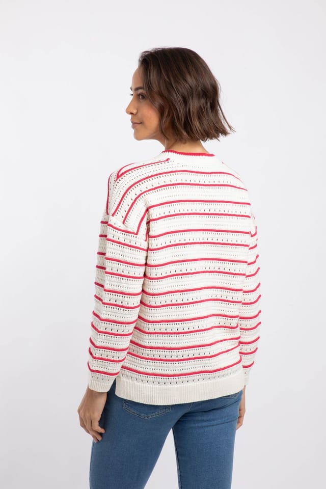 Weird Fish Weird Fish Women's Liah Pointelle Striped Crew Neck Jumper in Cream - 3
