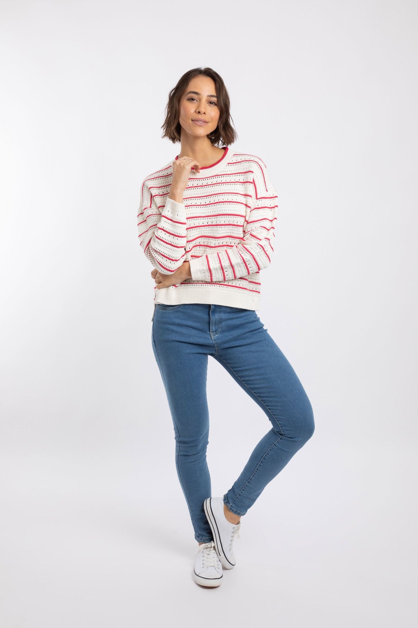 Weird Fish Weird Fish Women's Liah Pointelle Striped Crew Neck Jumper in Cream - 4