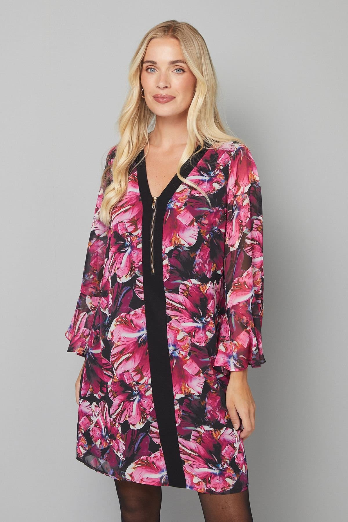Wallis Wallis Women's Petite Floral Zip Front Shift Dress in Pink