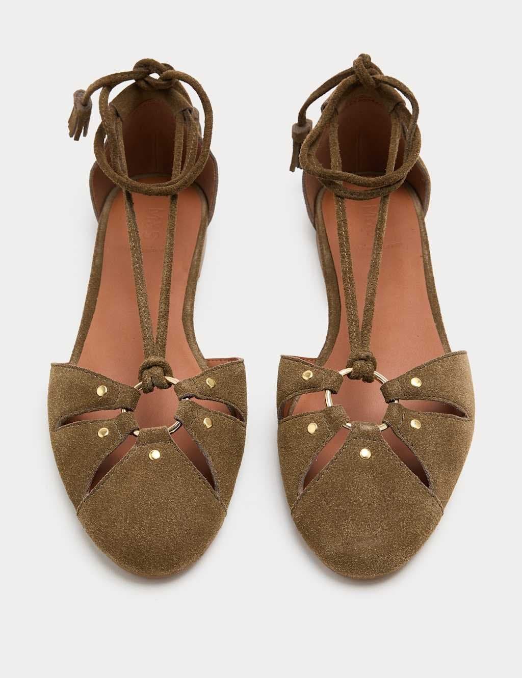 Marks & Spencer M&S Suede Ring Detail Tie Up Flat Shoes Khaki