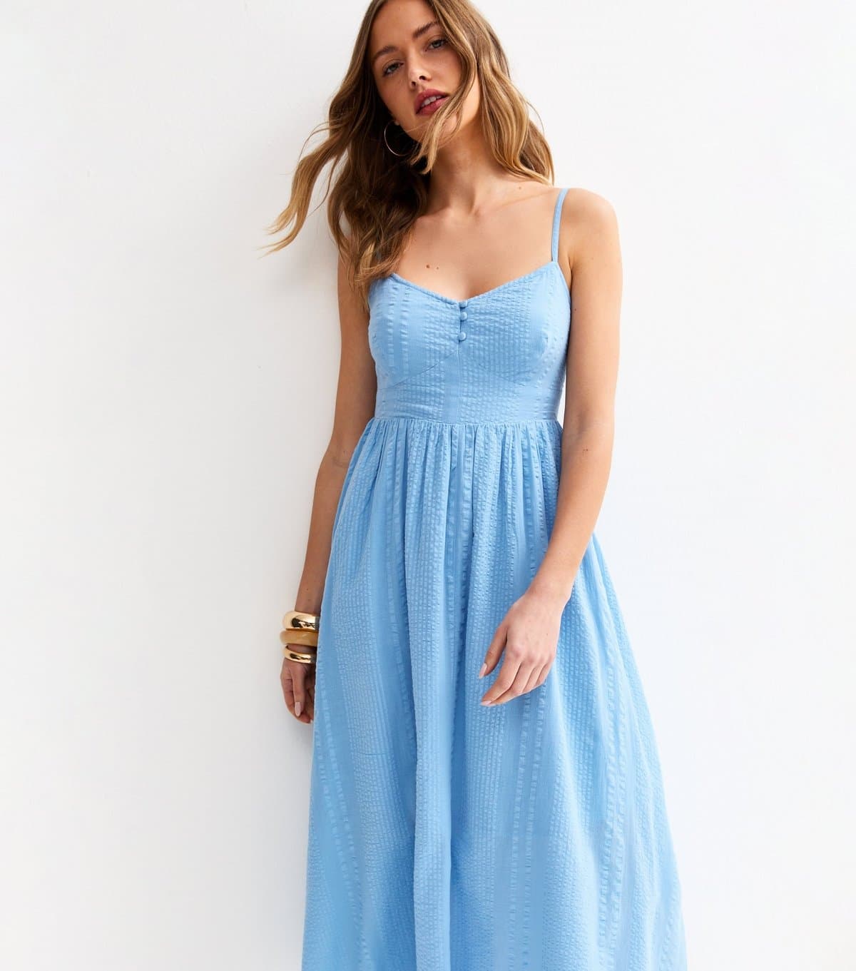New Look Women's Light Blue V Waist Strappy Midi Dress New Look