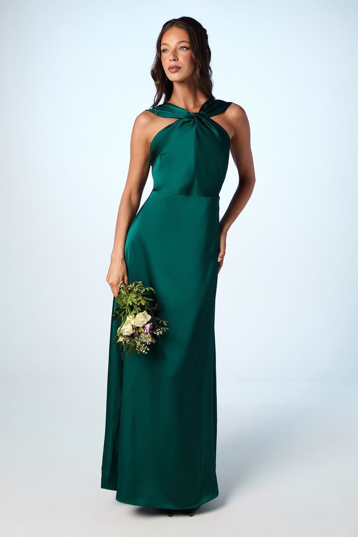 Coast Coast Women's Twisted Halterneck Satin Maxi Bridesmaid Dress in Emerald