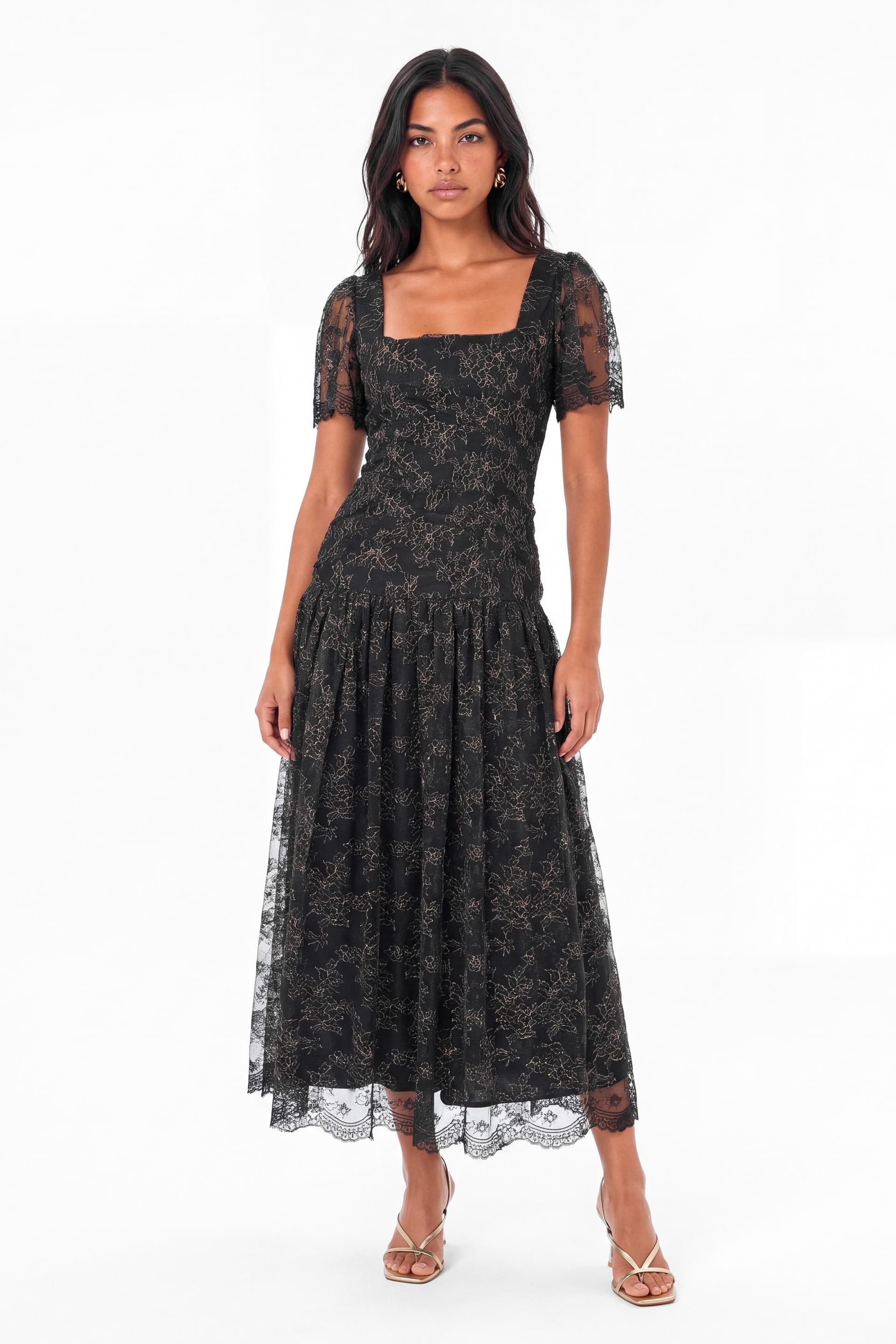 Maya Deluxe Maya Deluxe Women's Square Neck Ruched Lace Midaxi Dress in Black