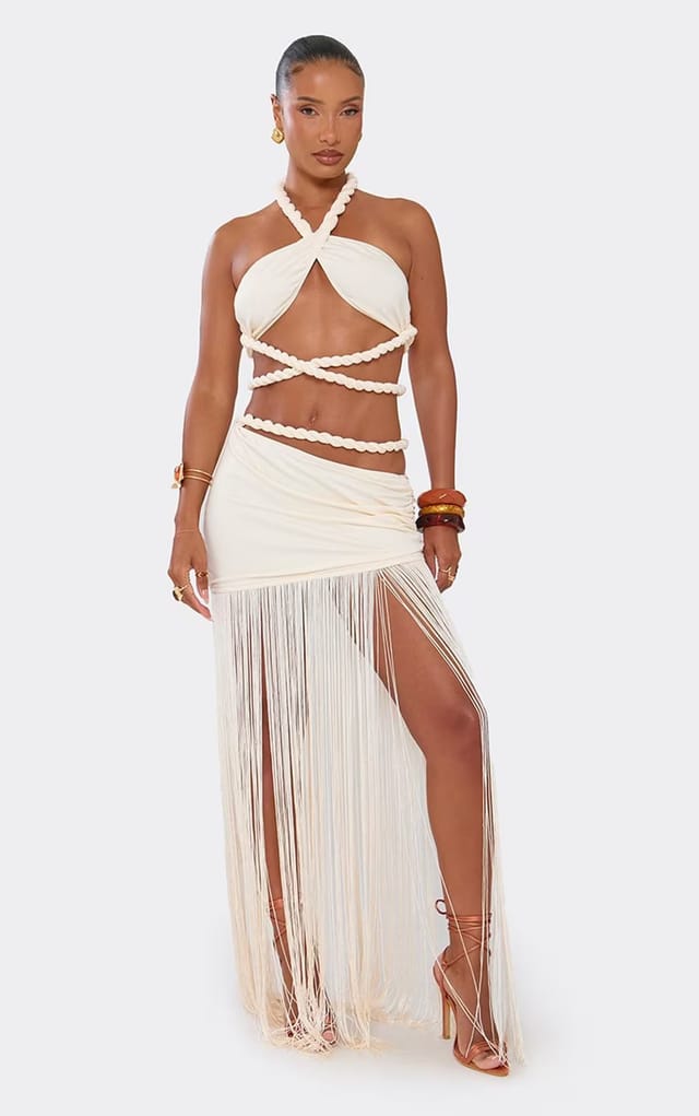 EGO Rope Strap Detail Fringe Hem Maxi Skirt In Cream, Women's Size UK 6 - 2