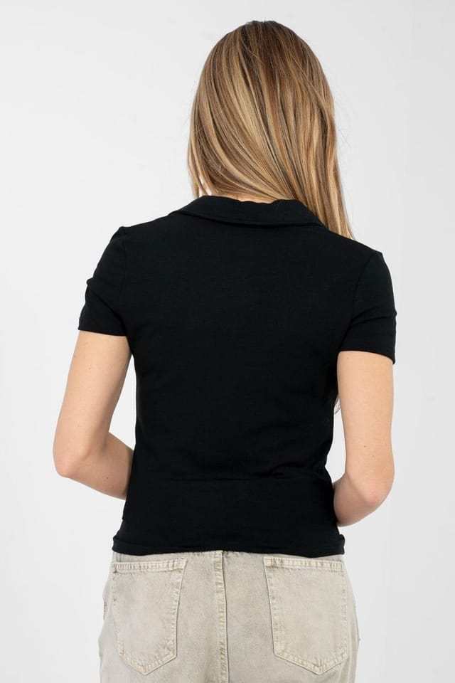 Love Lace Love Lace Women's Viscose Elastane Polo Blouse Short Sleeve in Black - 3
