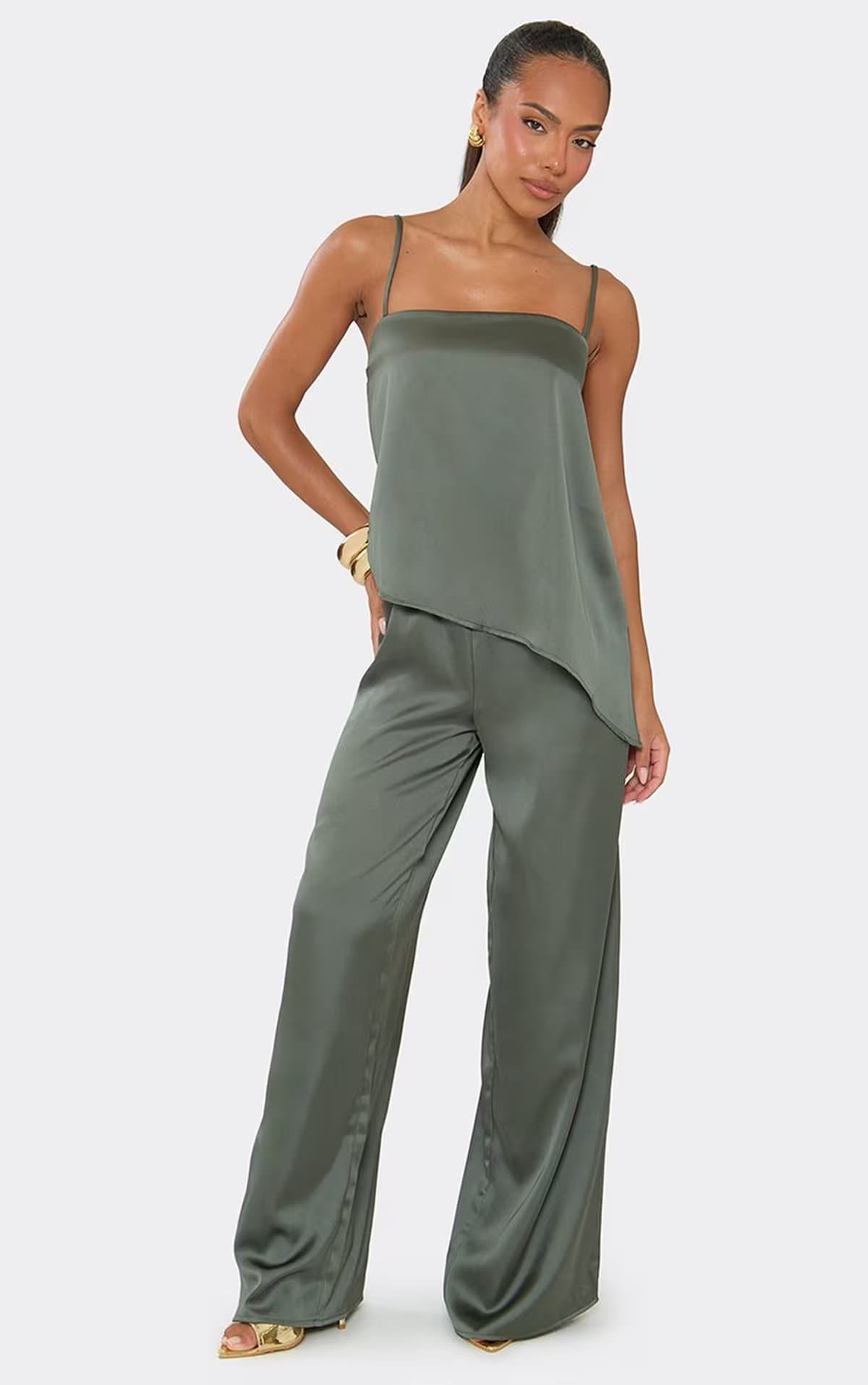 EGO Strappy Asymmetric Hem Cami Top In Khaki Satin, Women's Size UK 6