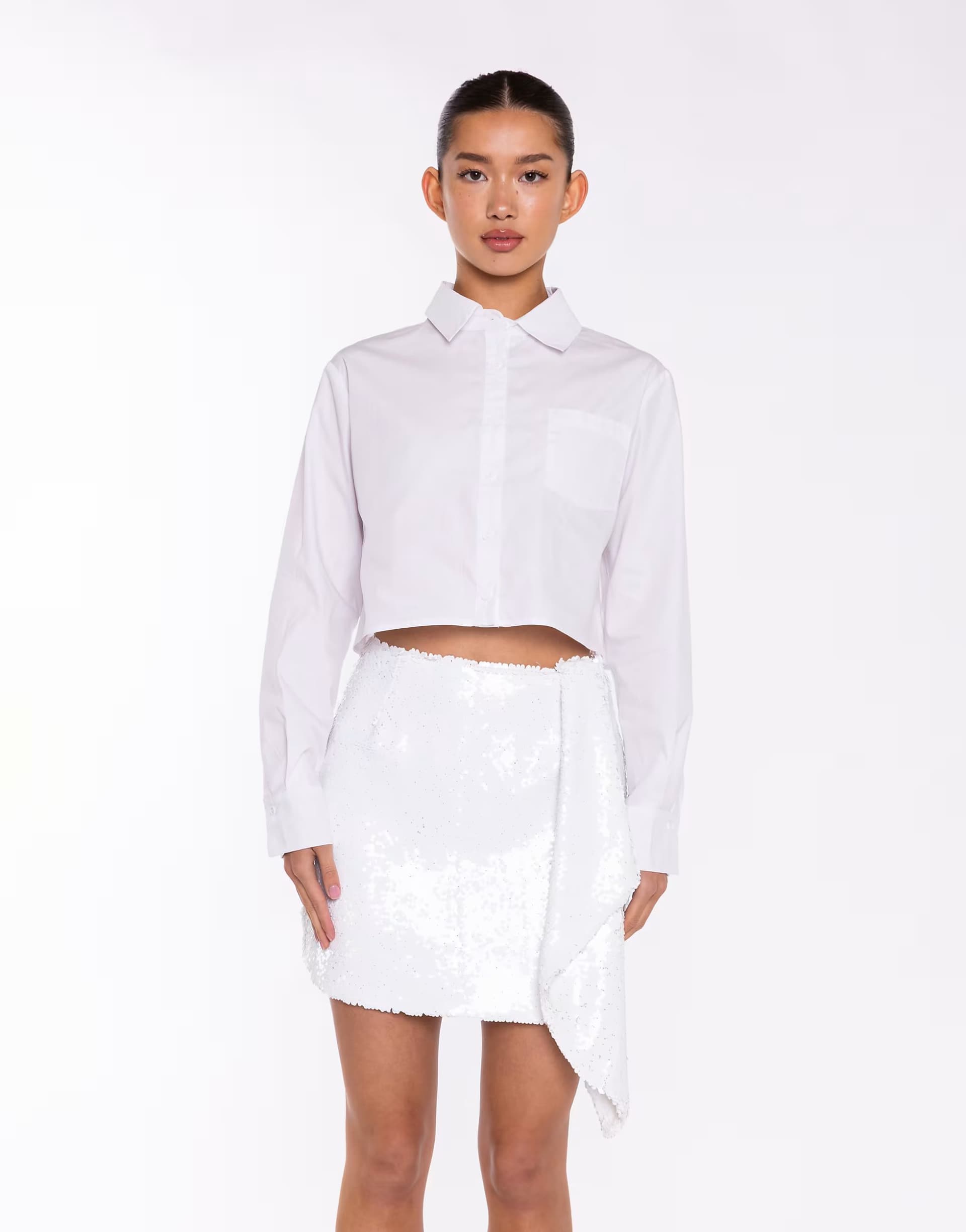ASOS Collective The Label Asymmetric draped sequin fitted mini skirt in white sequin