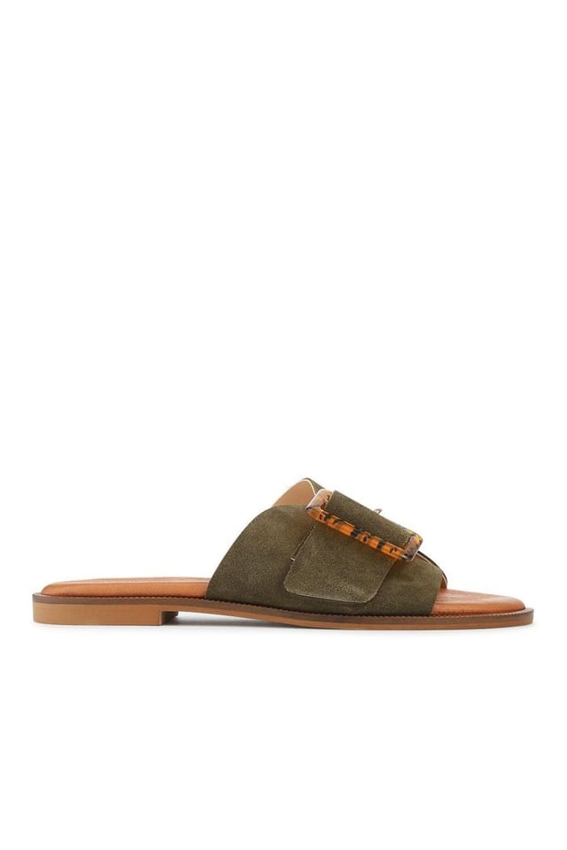 Jones Bootmaker Jones Bootmaker Women's Jasmyn Leather Peep Toe Mule Sandals in Khaki - 2