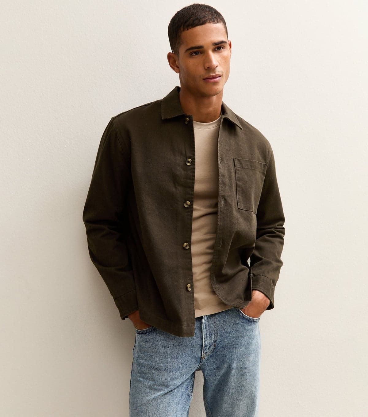 New Look Men's Dark Brown Boxy Heavyweight Twill Overshirt New Look