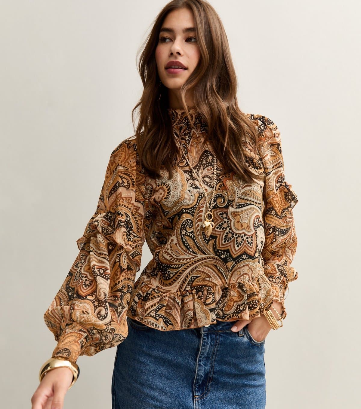 New Look Women's Brown Paisley Print Frilly Trimmed Blouse New Look
