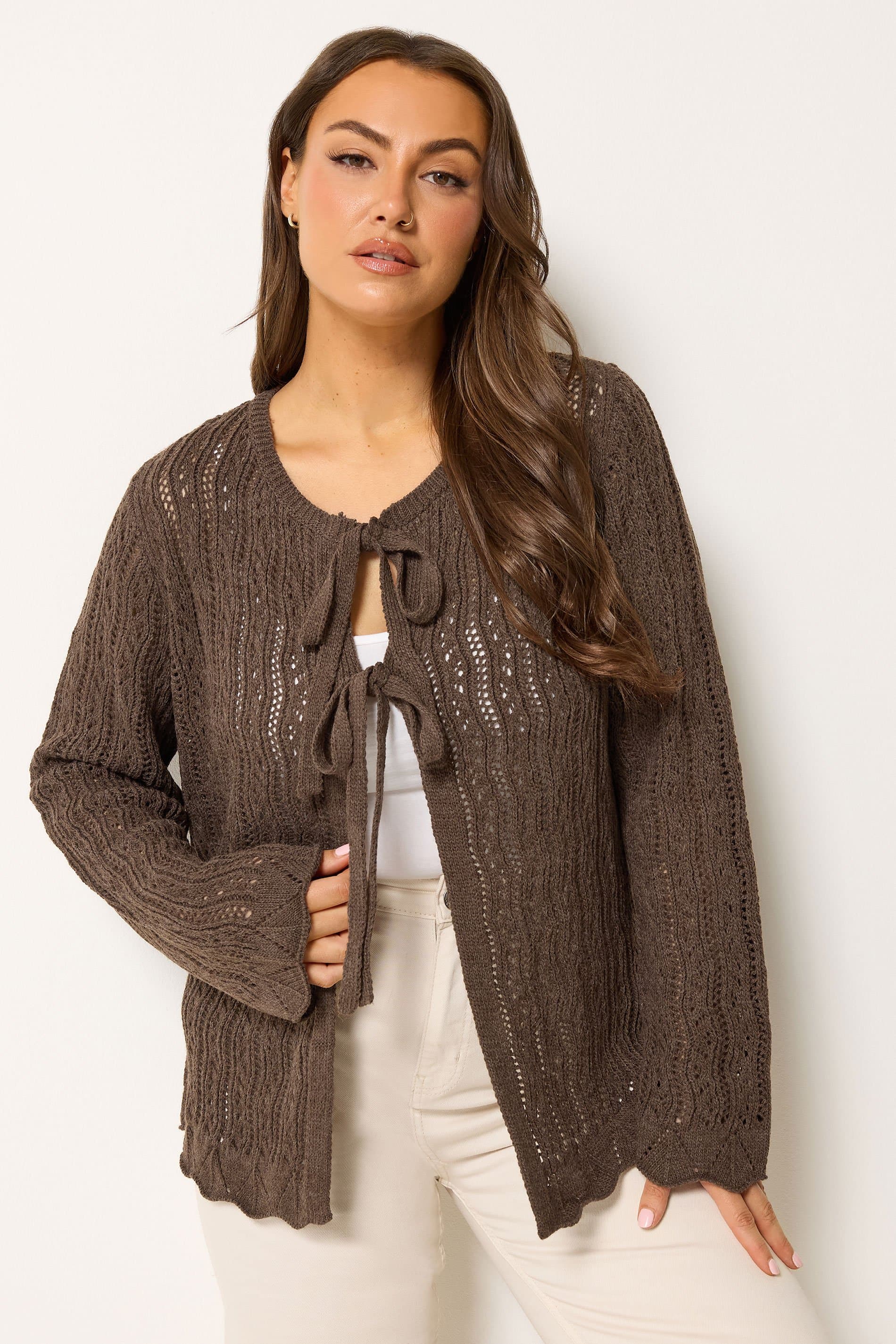 Yours Curve Chocolate Brown Crochet Cardigan