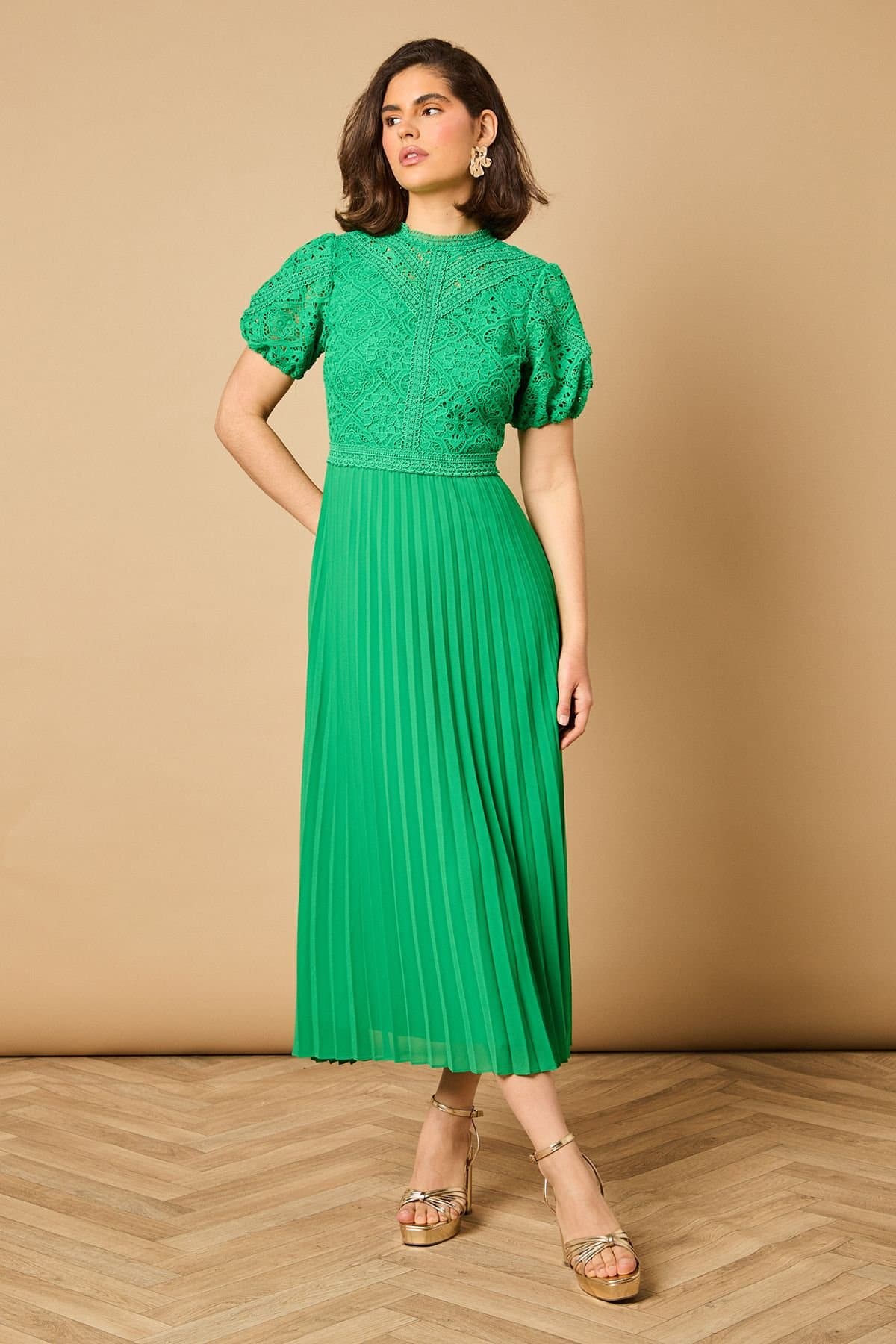 Oasis Oasis Women's Lace Puff Sleeve Pleated Midi Dress in Bright Green