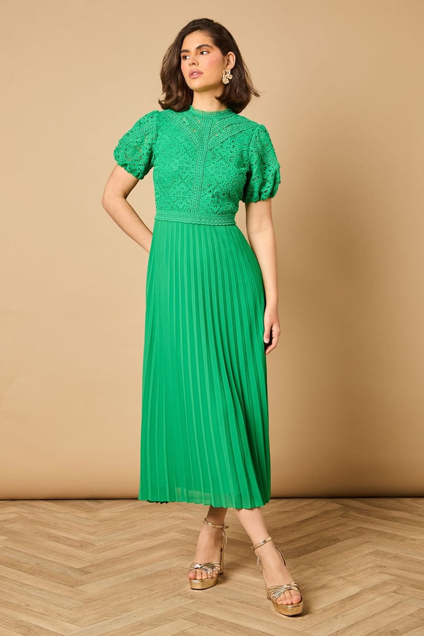 Oasis Oasis Women's Lace Puff Sleeve Pleated Midi Dress in Bright Green - 1