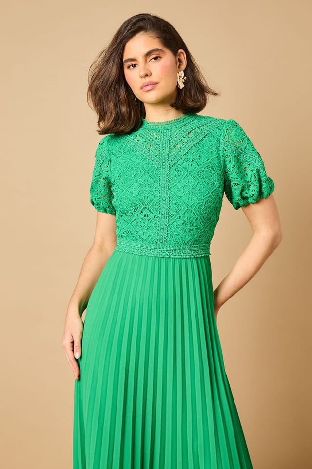 Oasis Oasis Women's Lace Puff Sleeve Pleated Midi Dress in Bright Green - 2