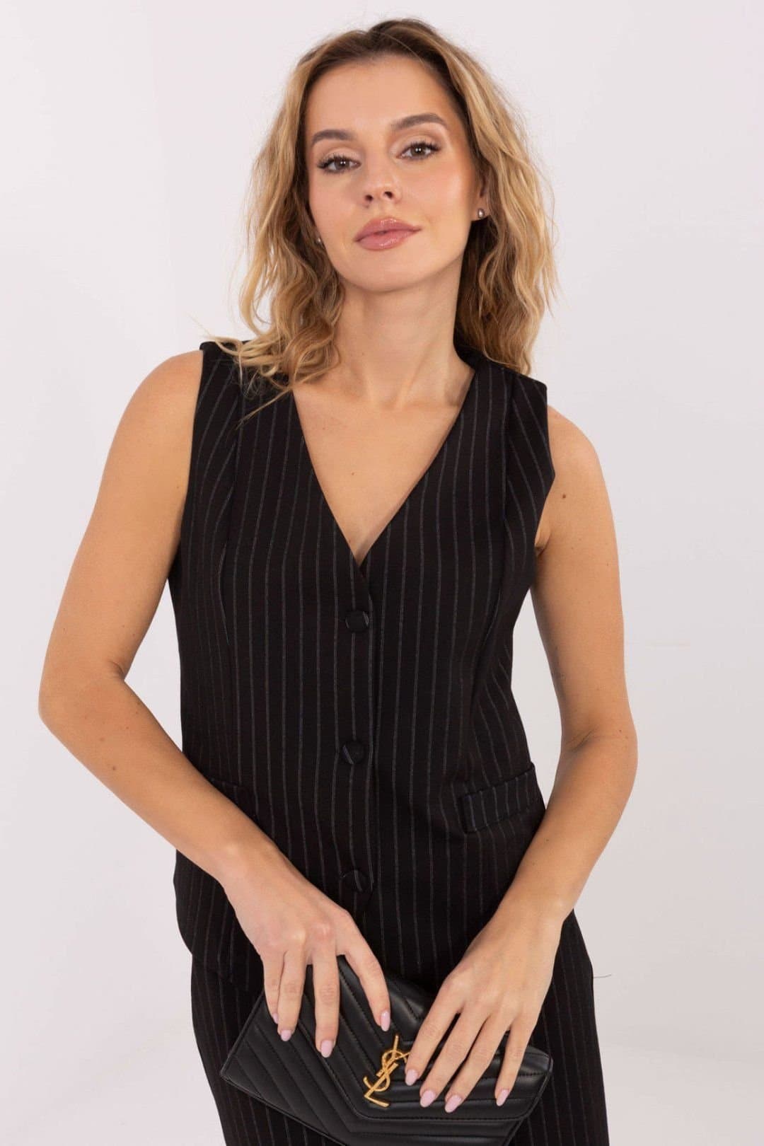 Love Lace Love Lace Women's Elegant Striped Sleeveless Button Vest in Black