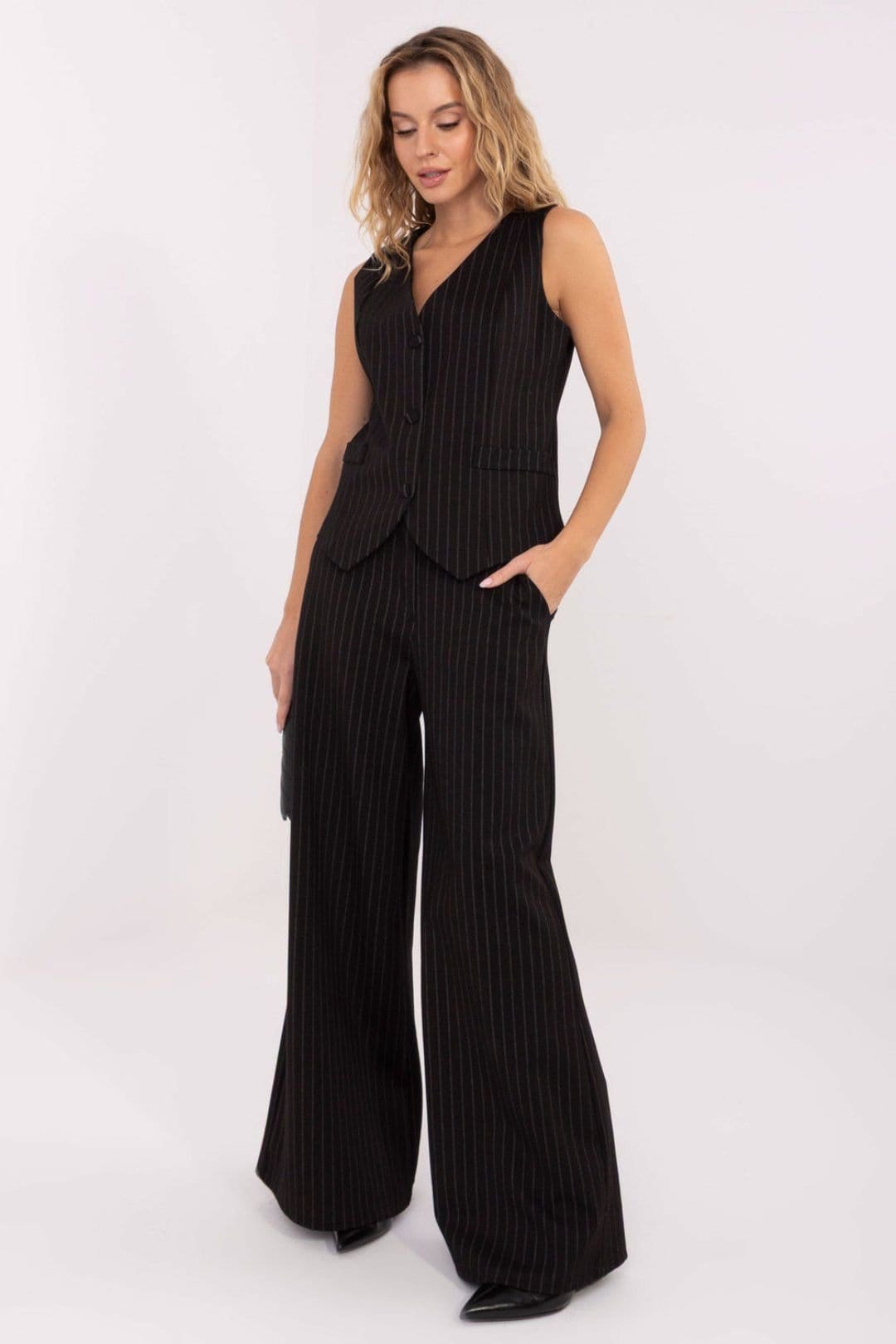 Love Lace Love Lace Women's Elegant Striped Sleeveless Button Vest in Black - 4