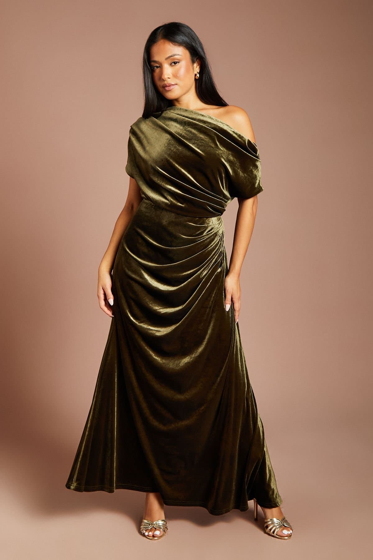 Coast Coast Women's Petite One Shoulder Ruched Detail Velvet Maxi Dress in Olive