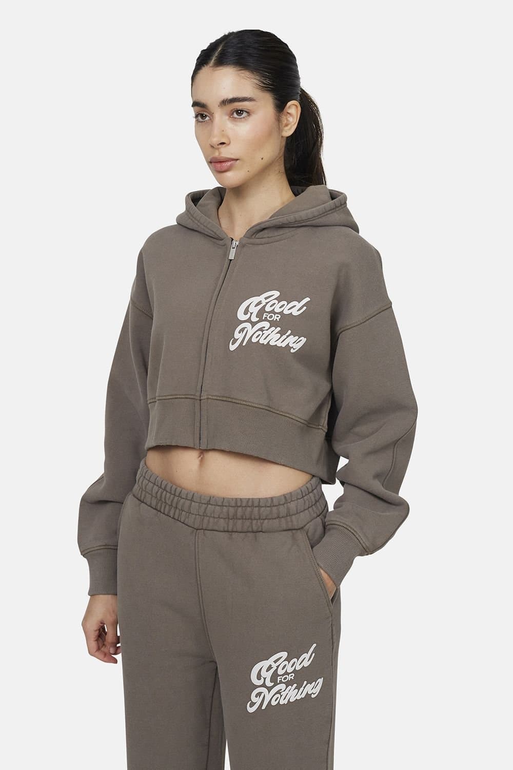 Good For Nothing Good For Nothing Women's Cropped Zip Through Hoodie in Taupe