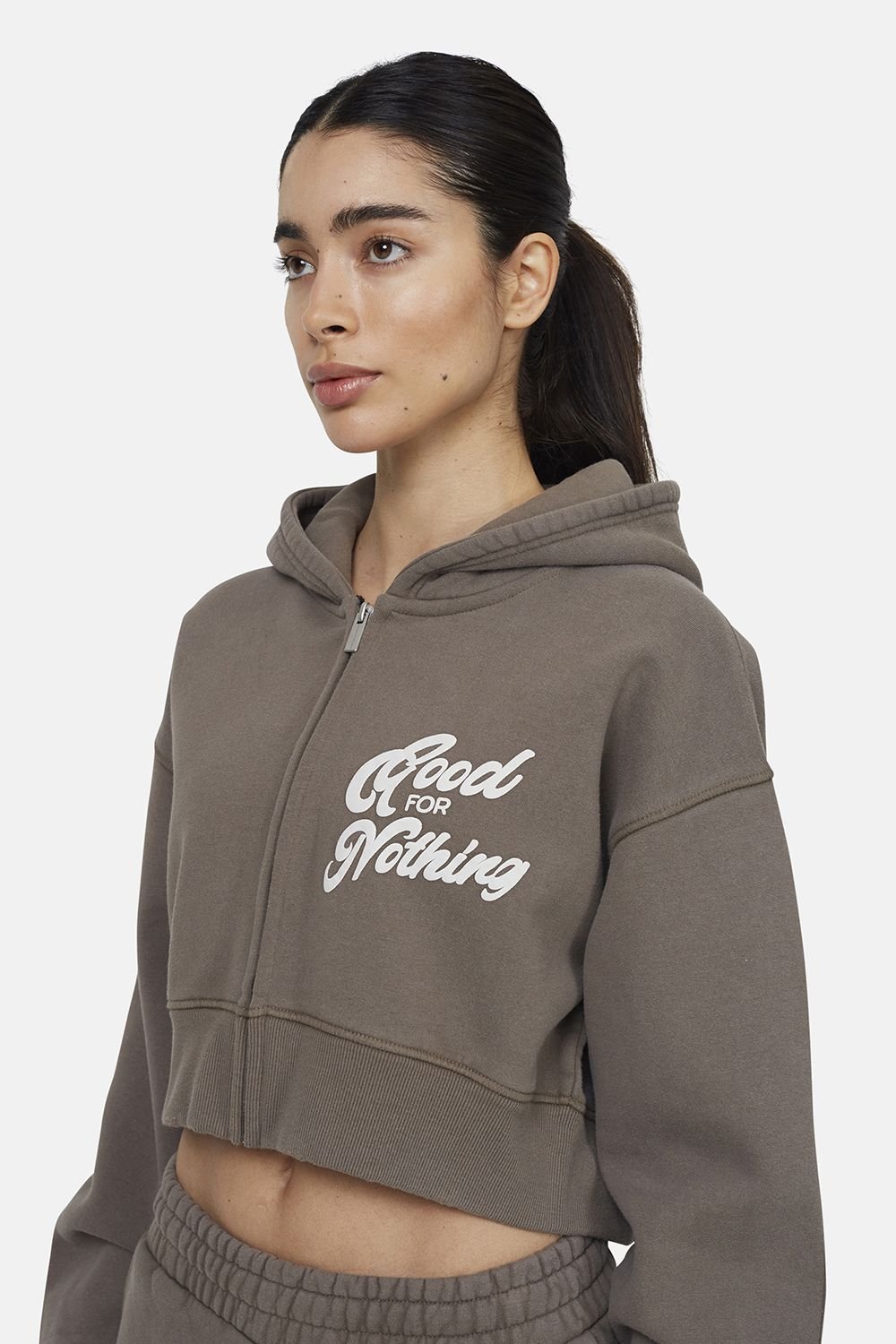Good For Nothing Good For Nothing Women's Cropped Zip Through Hoodie in Taupe - 4
