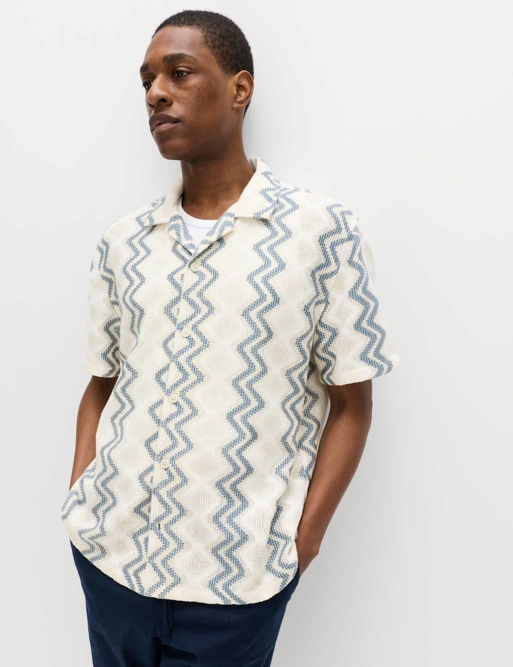 Marks & Spencer M&S Relaxed Fit Cotton Blend Short Sleeve Shirt Blue Mix