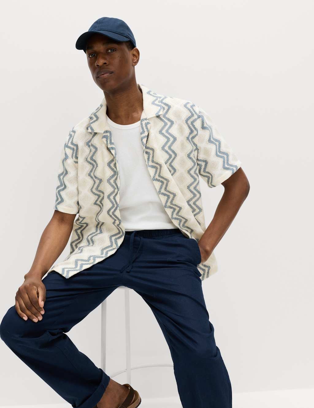 Marks & Spencer M&S Relaxed Fit Cotton Blend Short Sleeve Shirt Blue Mix - 4