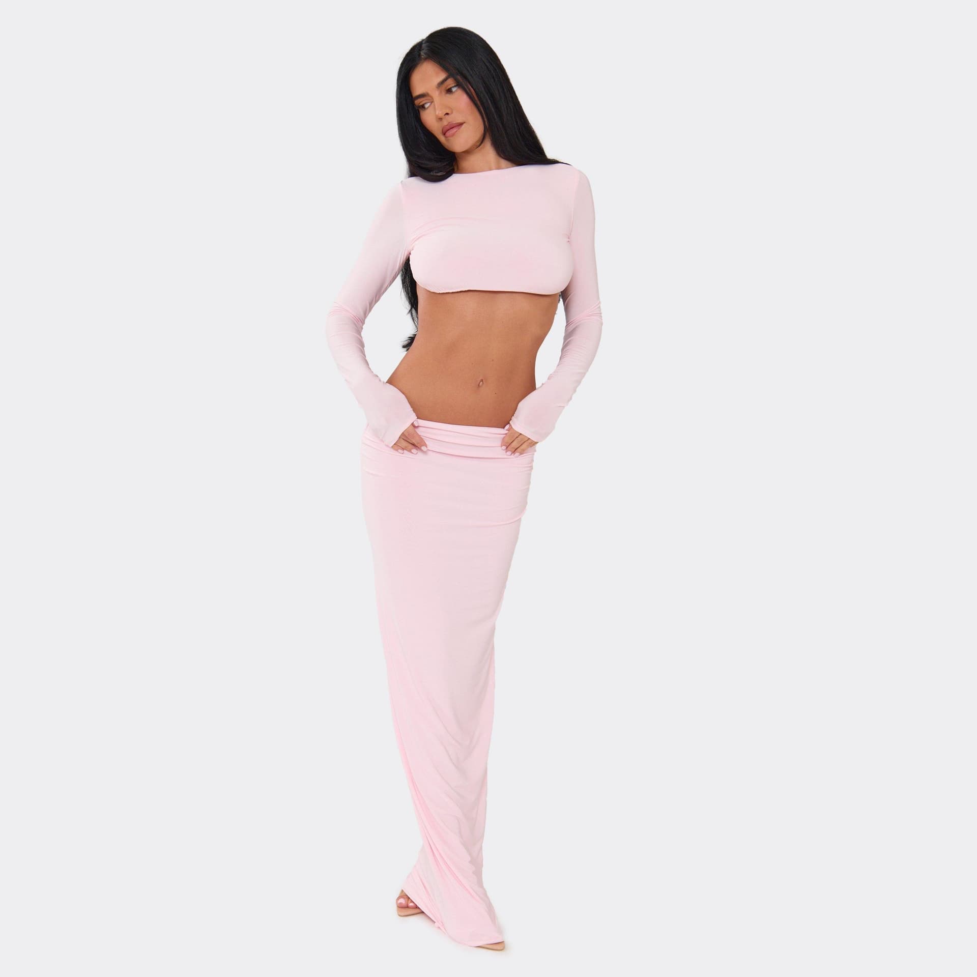EGO Long Sleeve Cut Out Strap Detail Maxi Dress In Baby Pink Slinky, Women's Size UK 6