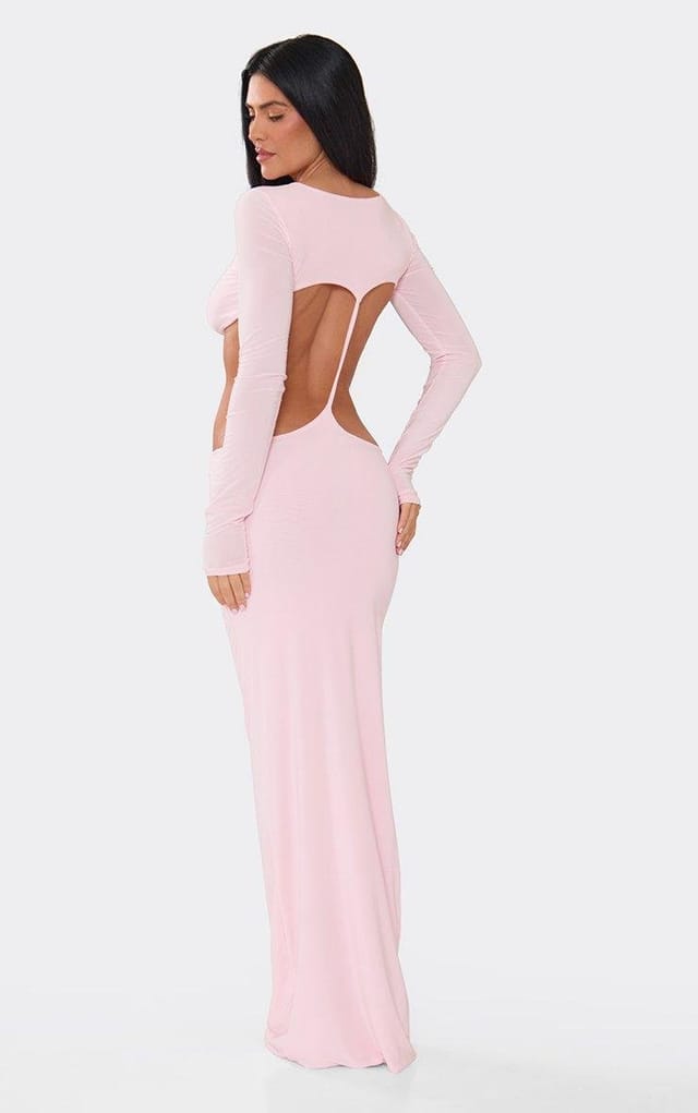 EGO Long Sleeve Cut Out Strap Detail Maxi Dress In Baby Pink Slinky, Women's Size UK 6 - 2