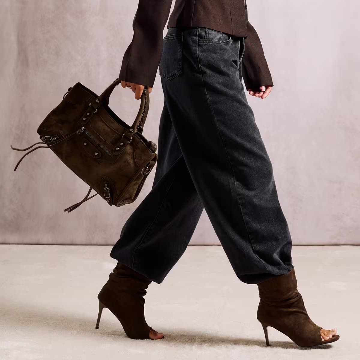 EGO Perth Stud Zip Detail Grab Bag In Brown Faux Suede, Women's Size UK 0