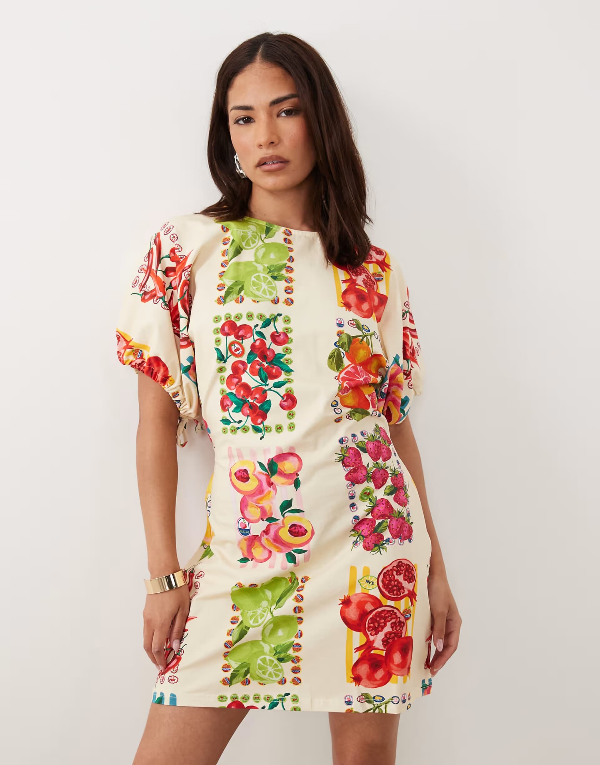ASOS Never Fully Dressed Petite short sleeve tie back a line mini dress in fruit print cream
