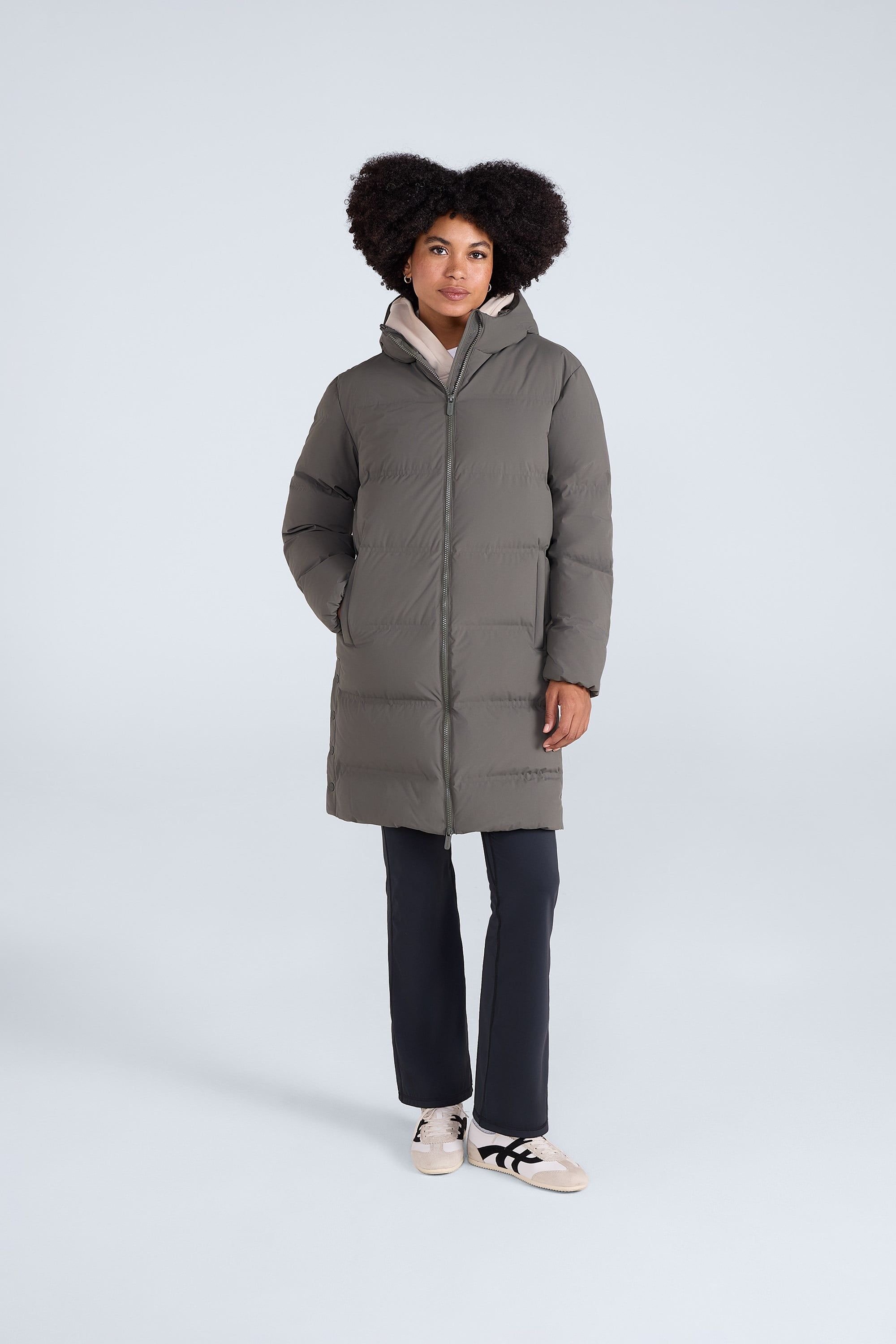 Animal Animal Women's 'Cosi Cloud' Water Resistant Mid Length Warm Hooded Down Filled Coat in Khaki - 2