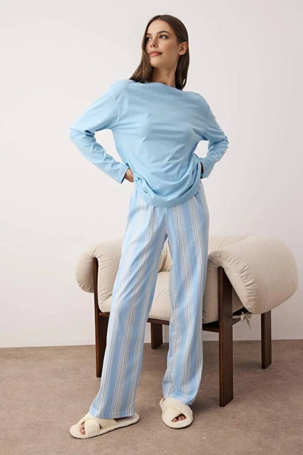 WOVCOR WOVCOR Women's 2-Piece Cotton Striped Knit Pajama Set in Blue - 3