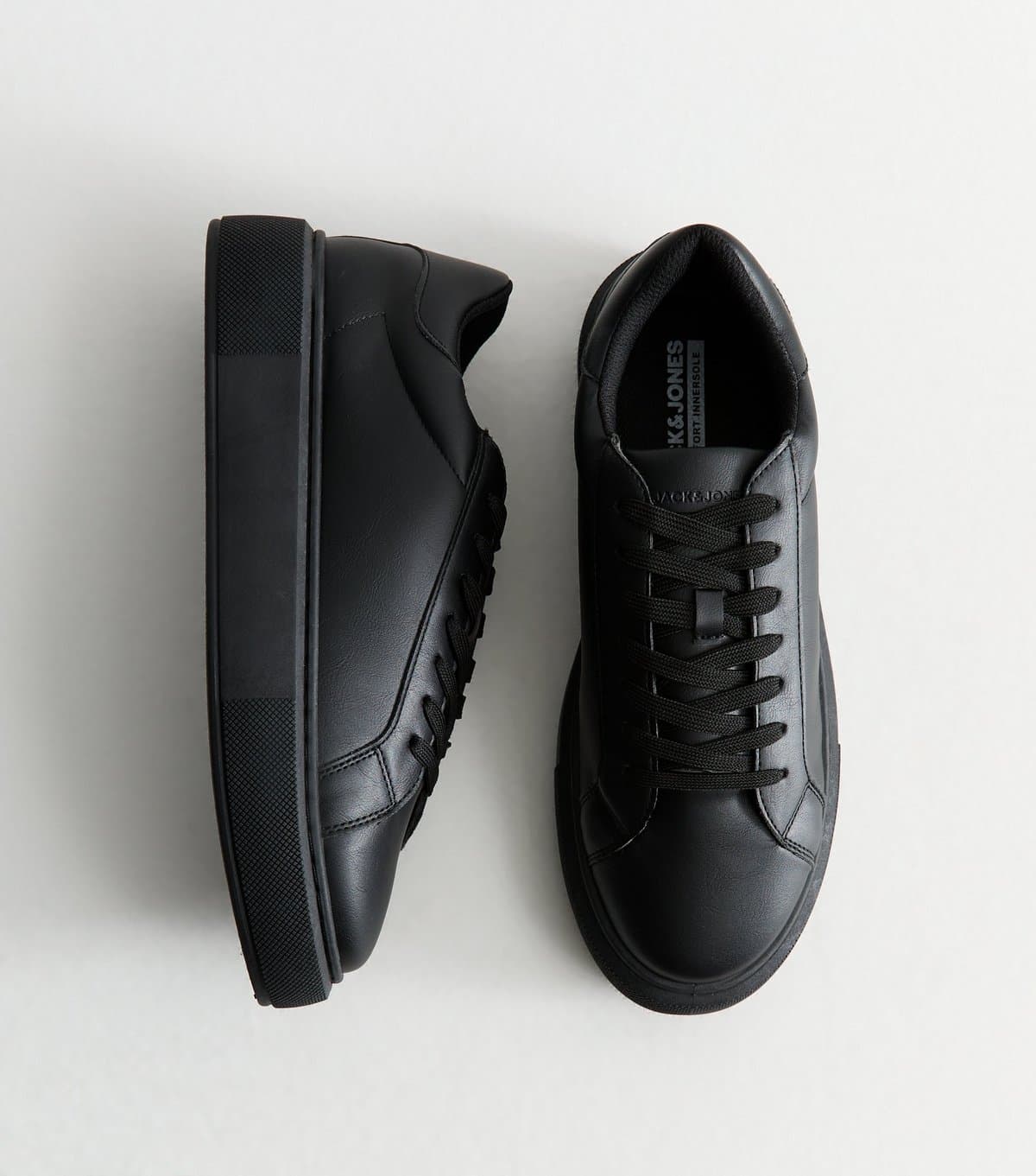 jack & jones Men's All Black Faux Leather Trainers Jack & Jones New Look