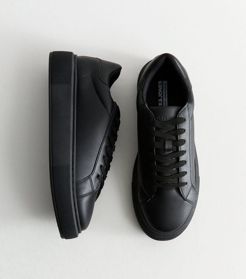 jack & jones Men's All Black Faux Leather Trainers Jack & Jones New Look - 1