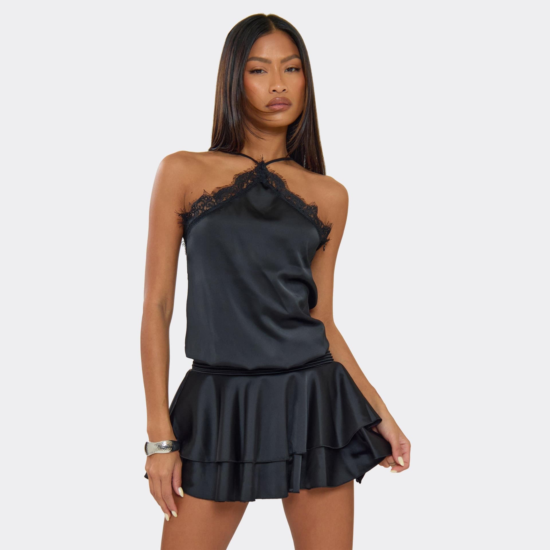 EGO Halterneck Lace Trim Layered Frill Hem Mini Dress In Black, Women's Size UK 6