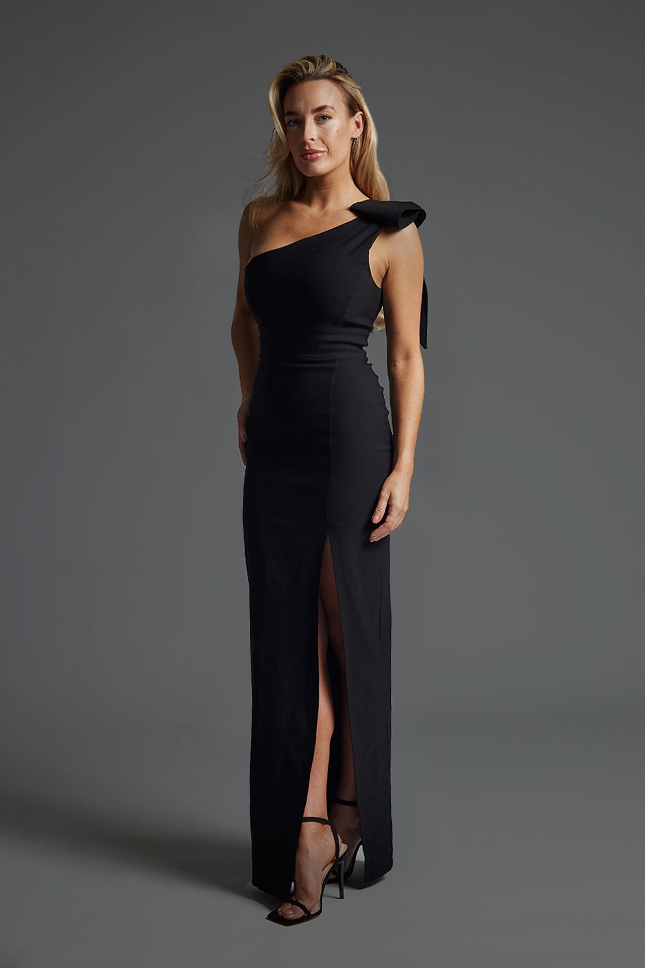 Vesper Vesper Women's Bow Shoulder Maxi Dress with Side Split in Black - 2