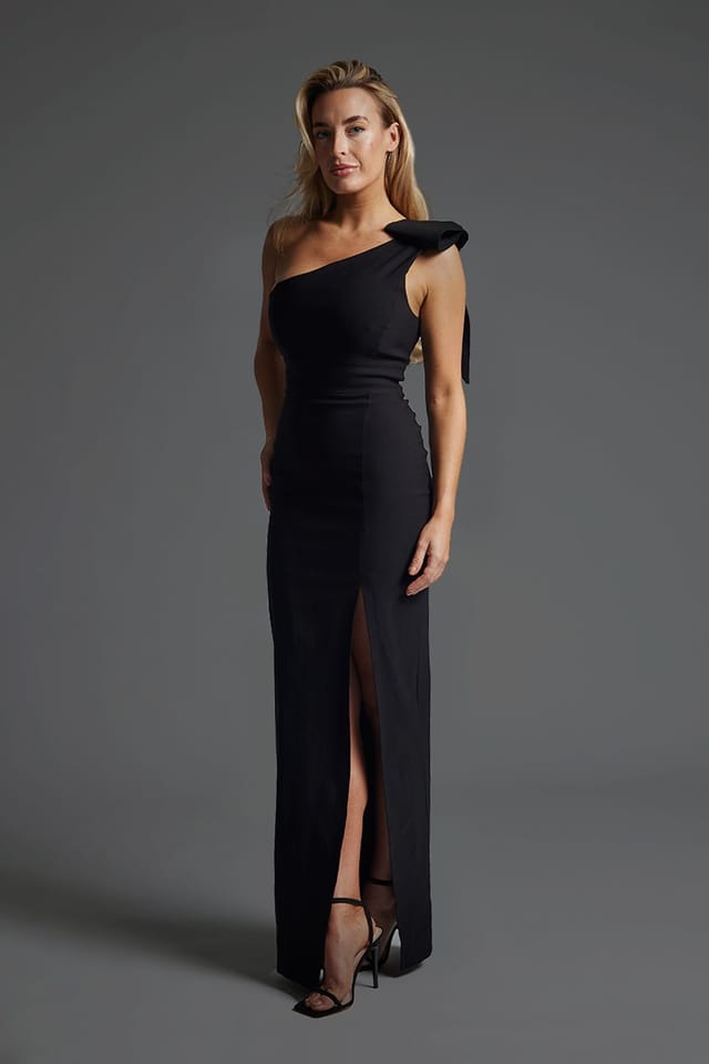 Vesper Vesper Women's Bow Shoulder Maxi Dress with Side Split in Black - 2